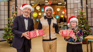 Watch Kiell Smith-Bynoe (c), Patrick Grant (L) and Esme Young (R) in the Great British Sewing Bee Christmas Special 2023