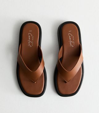 new look, Tan Leather-Look Chunky Toepost Sandals