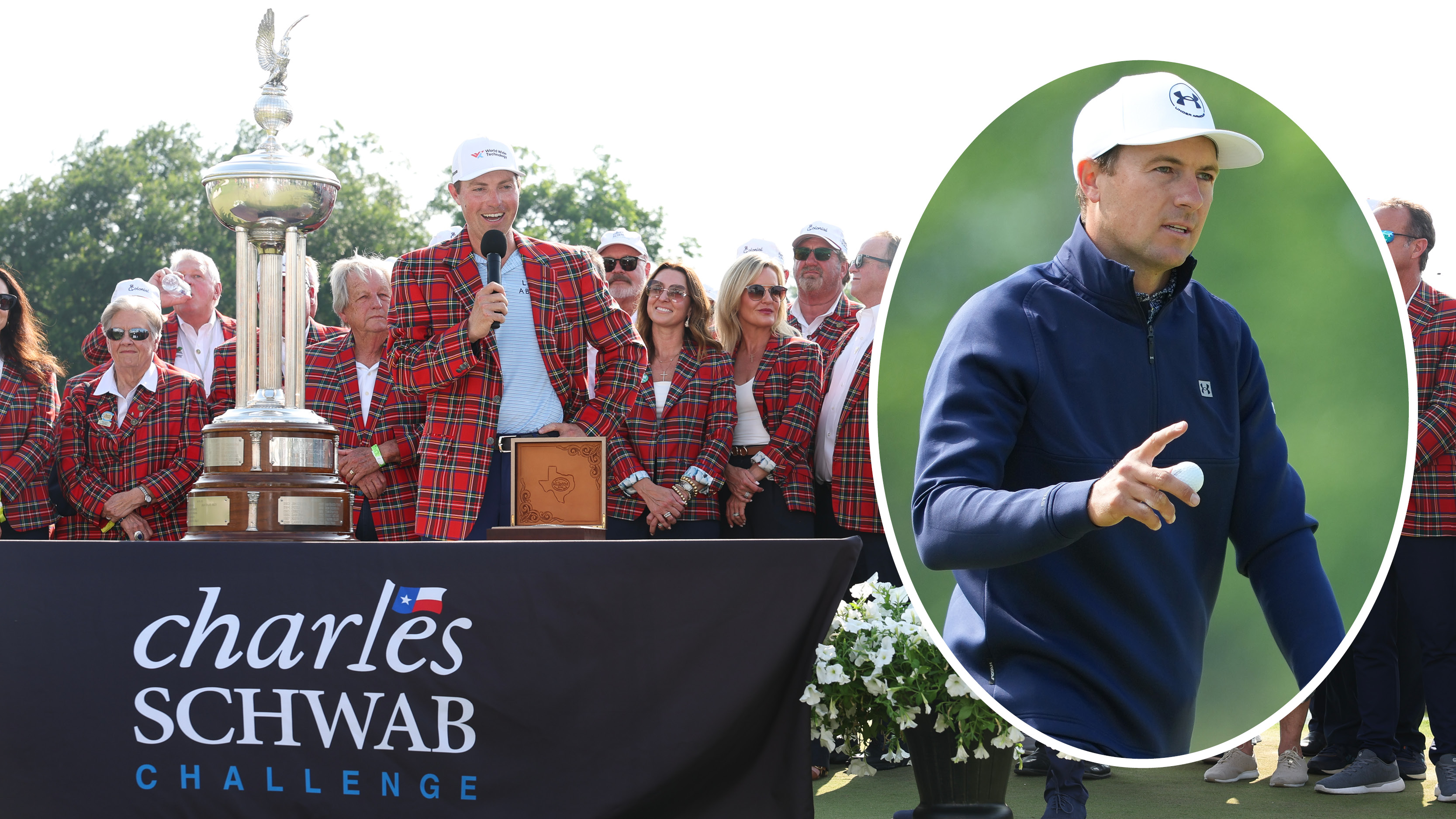Ben Griffin speaks at a trophy ceremony at the Charles Schwab Challenge, with Jordan Spieth waving to the crowd after holing a putt