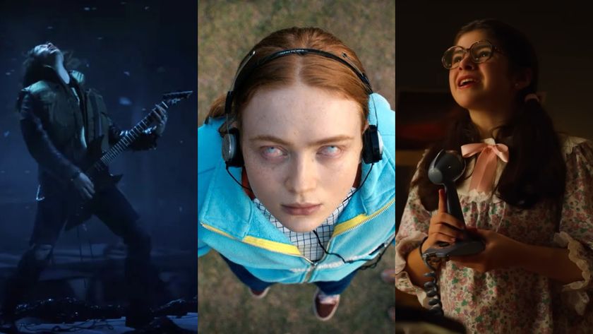 Eddie Munson on his guitar, Max levitating and Suzie singing