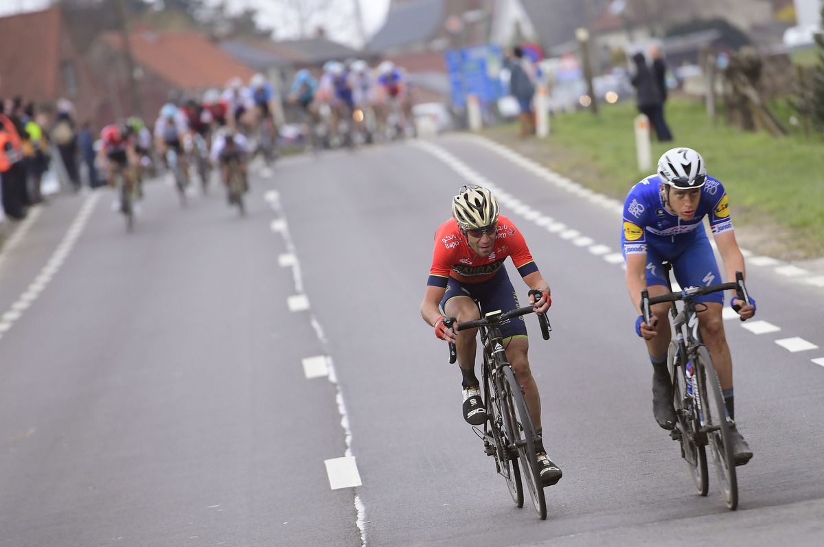 Vincenzo Nibali (Bahrain-Merida) and eventual winner Niki Terpstra (QuickStep-Floors)