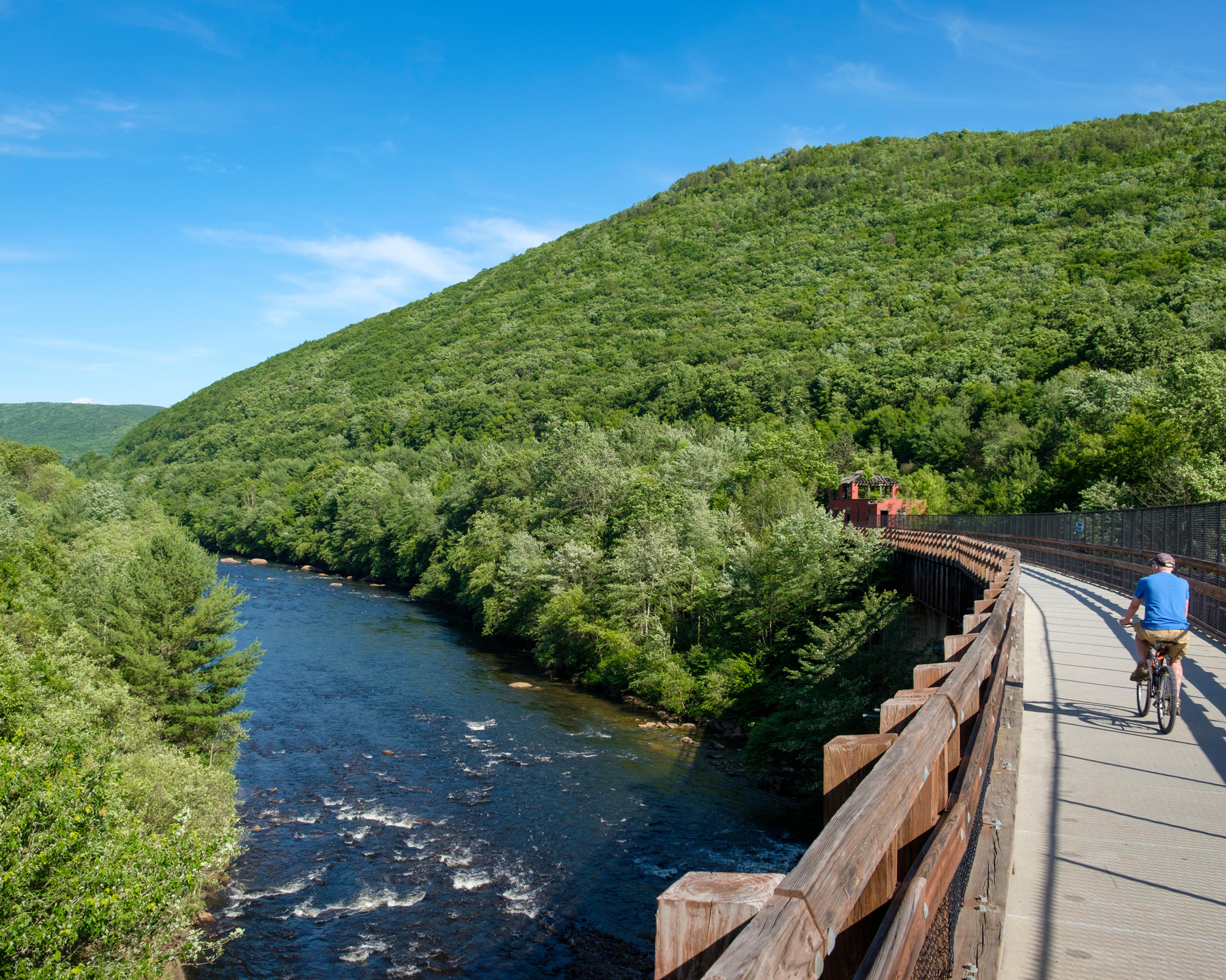 Lehigh Gorge State Park with River and cyclist on Lehigh Gorge Rail Trail path, Poconos Mountains, near Jim Thorpe, Pennsylvania, USA