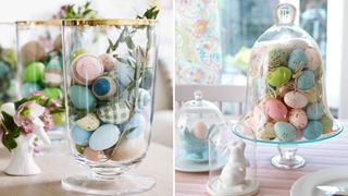 Compilation image of glass vaes and glass cloches filled with pastel colored eggs as a n Easter Mantel decor idea