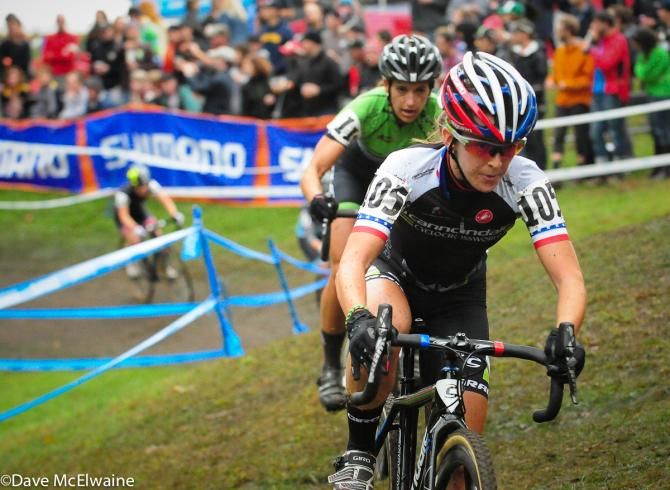 Kaitie Antonneau (Cannondale Cyclocrossworld.com) riding an off-camber section of the course