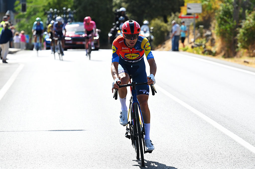 BOLA DEL MUNDO, SPAIN - SEPTEMBER 13: Giulio Ciccone of Italy and Team Lidl - Trek attacks in the breakaway during the La Vuelta - 80th Tour of Spain 2025, Stage 20 a 164.8km stage from Robledo de Chavela to Bola del Mundo. Puerto de Navacerrada 2253m / #UCIWT / on September 13, 2025 in Bola del Mundo. Puerto de Navacerrada, Spain. (Photo by Tim de Waele/Getty Images)