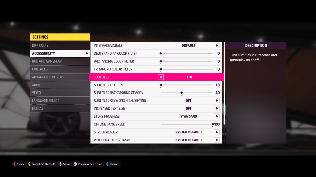 Forza Horizon 5 accessibility menu