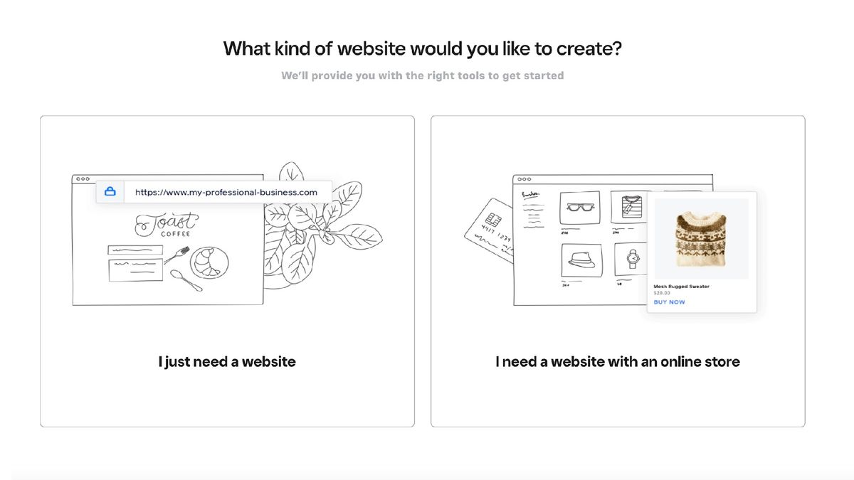 Screenshot of Weebly interface asking whether you wish to build a site with or without an online store