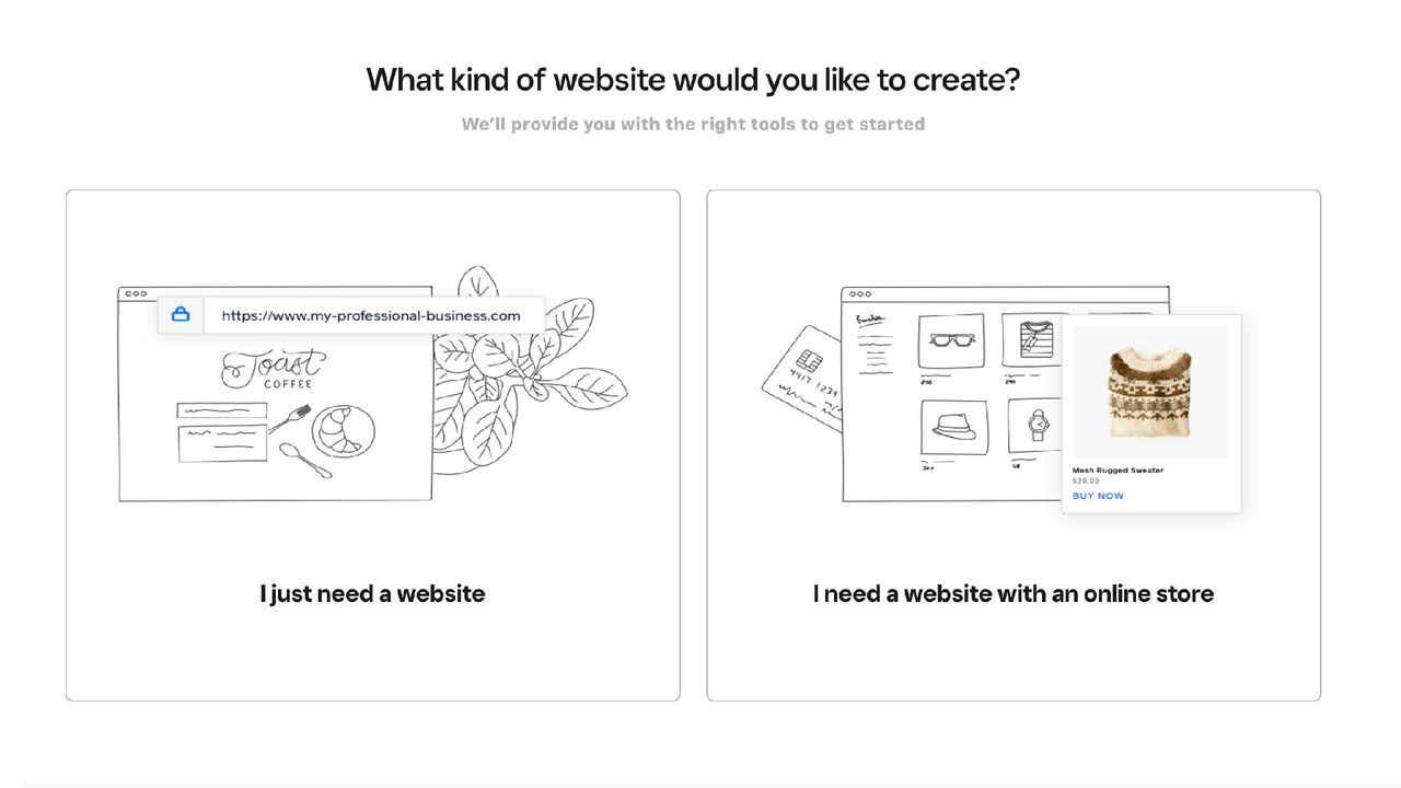 Screenshot of Weebly interface asking whether you wish to build a site with or without an online store