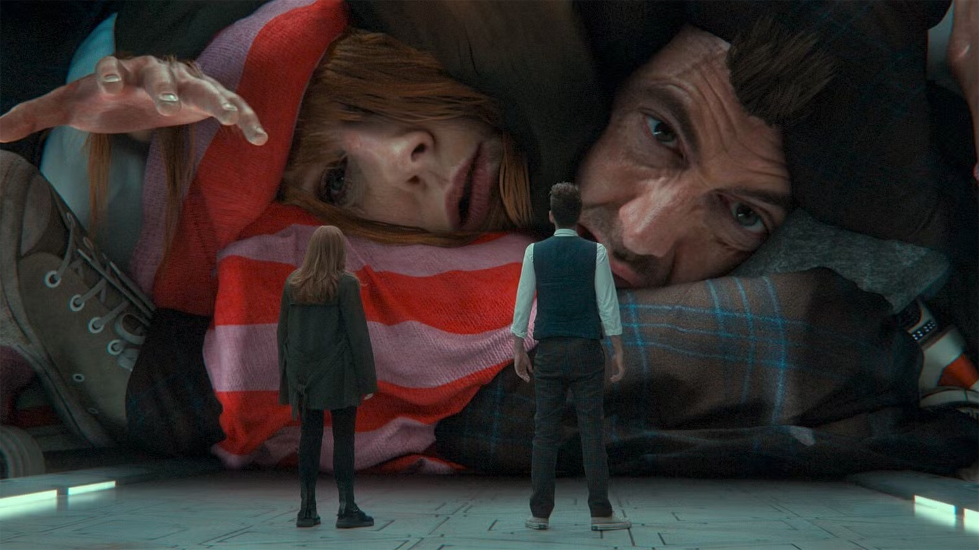 Donna Noble (Catherine Tate) and the Doctor (David Tennant) look at giant, twisted Not-Thing versions of themselves.