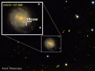 A satellite image of a yellow galaxy, zoomed in on a bright blue dot of light representing a rare space explosion called a fast blue optical transient