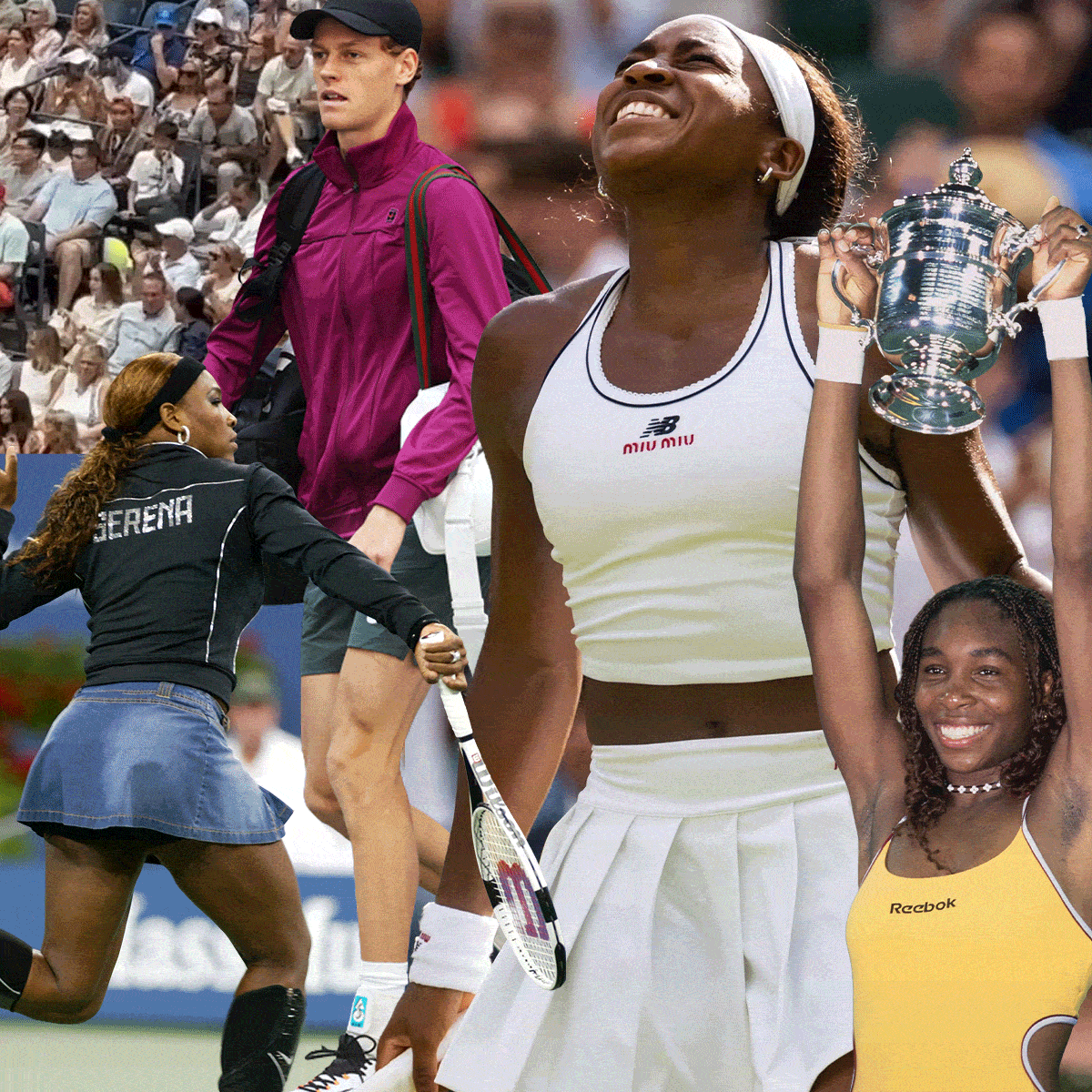 A collage featuring images from the US Open of Serena Williams, Coco Gauff, Jannik Sinner, Venus Williams, and more. 