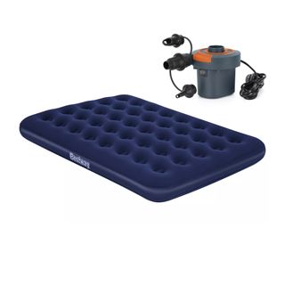 A navy blue double airbed with a mains pump