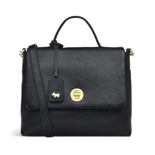 Flat lay image of black leather handbag