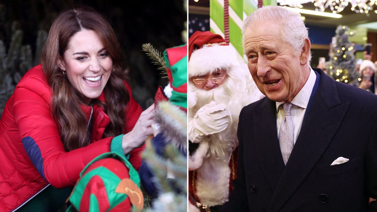 Kate Middleton wears a bright red puffer jacket as she poses with a Christmas tree and elf hats and King Charles laughs next to someone dressed as Santa Claus