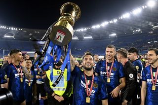 Inter players celebrate their Coppa Italia final win over Juventus in May 2022.