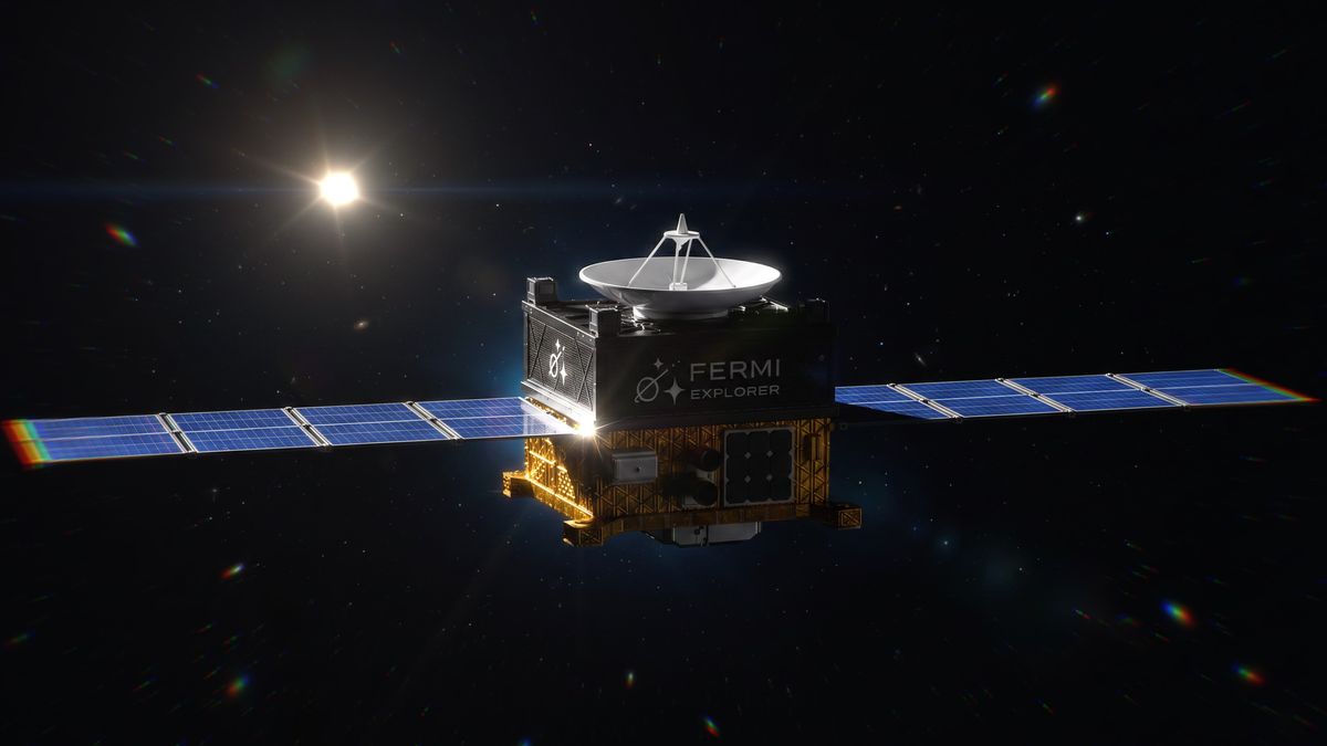 Artist's impression of a small, boxy spacecraft with two large, blue solar arrays