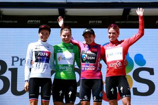 Classification winners at 2022 Vuelta a Burgos Feminas (L to R): Evita Muzic (FDJ Nouvelle-Aquitaine Futuroscope) as best young rider, Lotte Kopecky (SD Worx) in green points jersey, Juliette Labous (Team DSM) GC winner and Demi Vollering (SD Worx) in red mountain jersey