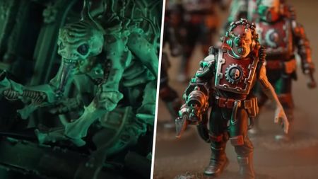 A Genestealer mutant beside a Mechanicum Tech-thrall from the Warhammer Preview Show