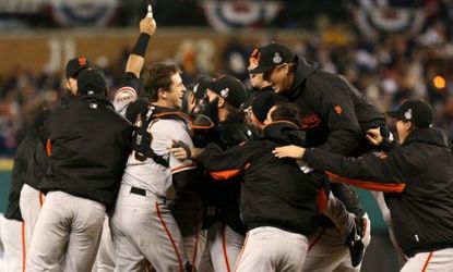 The San Francisco Giants celebrate their World Series win on Oct. 28. The Giants swept the Detroit Tigers in four games, winning the deciding match-up 4-3.