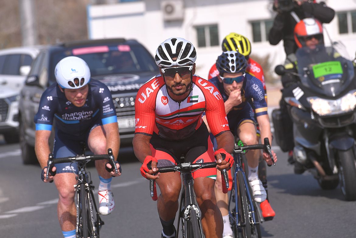 Nasser Almemari (Team UAE) leads the break.