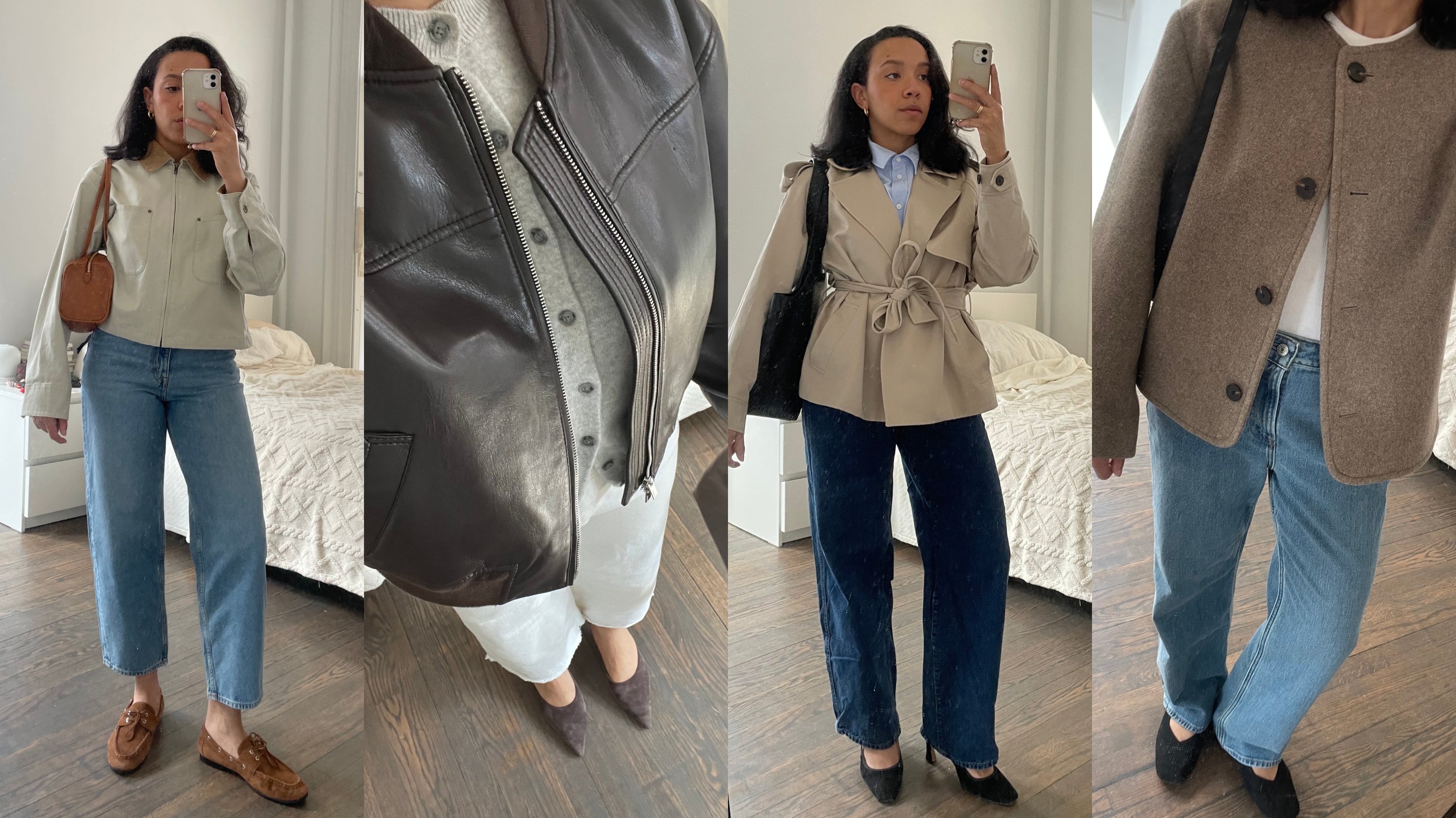 Lauren Tappan wearing a barn jacket and jeans; Lauren Tappan wearing a leather jacket and white jeans; Lauren Tappan wearing a cropped trench coat and jeans; Lauren Tappan wearing a collarless coat and jeans 