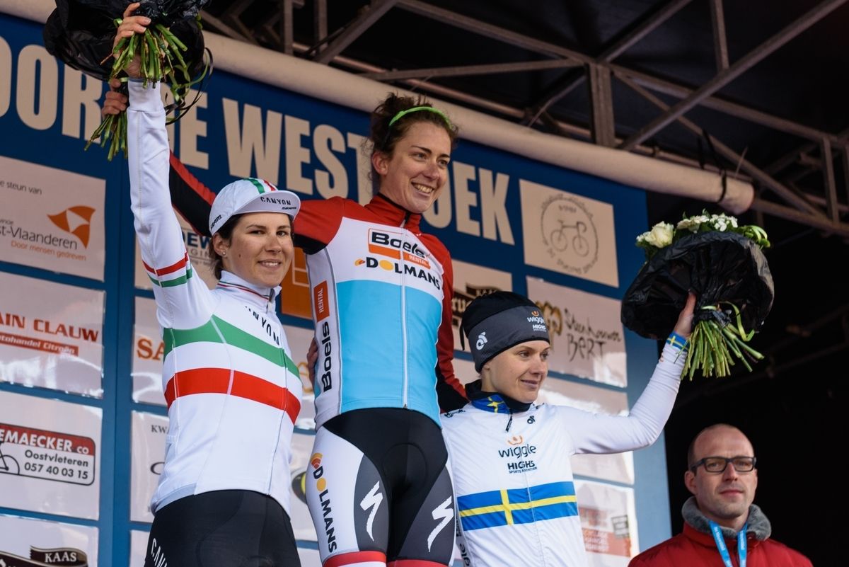 The podium of Elena Cecchini (Canyon-SRAM), Christine Majerus (Boels-Dolmans) and Emma Johansson (Wiggle High5)