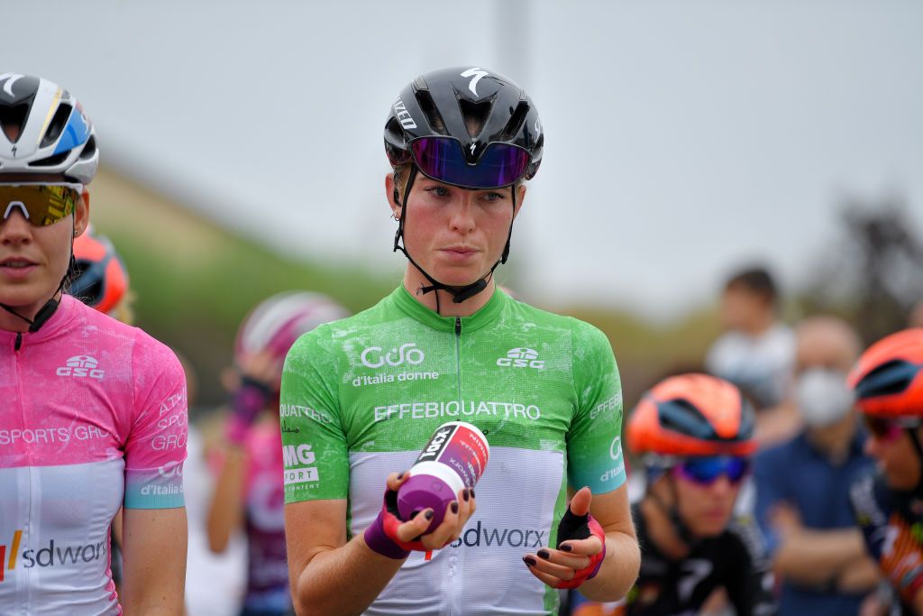 OVADA ITALY JULY 04 Demi Vollering of Netherlands and Team SD Worx Green Mountain Jersey at start during the 32nd Giro dItalia Internazionale Femminile 2021 Stage 3 a 135km stage from Casale Monferrato to Ovada GiroDonne UCIWWT on July 04 2021 in Ovada Italy Photo by Luc ClaessenGetty Images