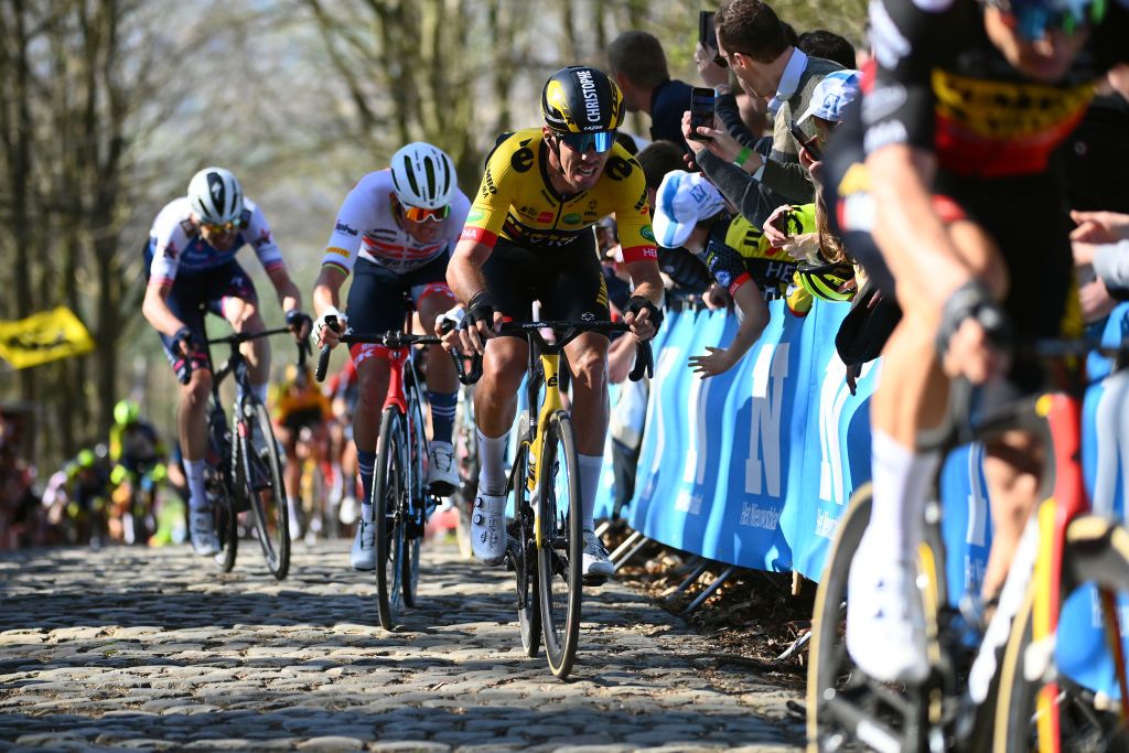 WEVELGEM BELGIUM MARCH 27 Christophe Laporte of France and Team Jumbo Visma competes through Kemmelberg cobblestones sector during the 84th GentWevelgem in Flanders Fields 2022 Mens Elite a 2488km one day race from Ypres to Wevelgem GWE22 WorldTour on March 27 2022 in Wevelgem Belgium Photo by Tim de WaeleGetty Images