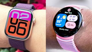 Split-screen close-up of the Apple Watch Series 10 on a user's wrist next to the Google Pixel Watch 4 on a user's wrist