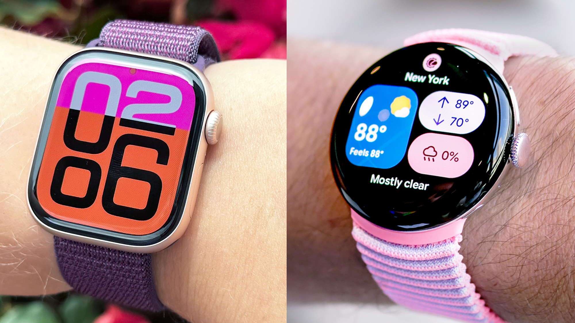 Split-screen close-up of the Apple Watch Series 10 on a user's wrist next to the Google Pixel Watch 4 on a user's wrist