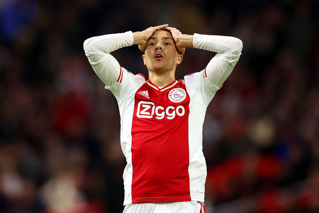 Steven Berghuis of Ajax reacts after a missed chance during the UEFA Champions League group A match between AFC Ajax and Liverpool FC at Johan Cruyff Arena on October 26, 2022 in Amsterdam, Netherlands.