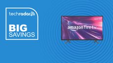 The Amazon Fire TV 32-inch 2-Series HD TV on a blue background with text saying Big Savings next to it.