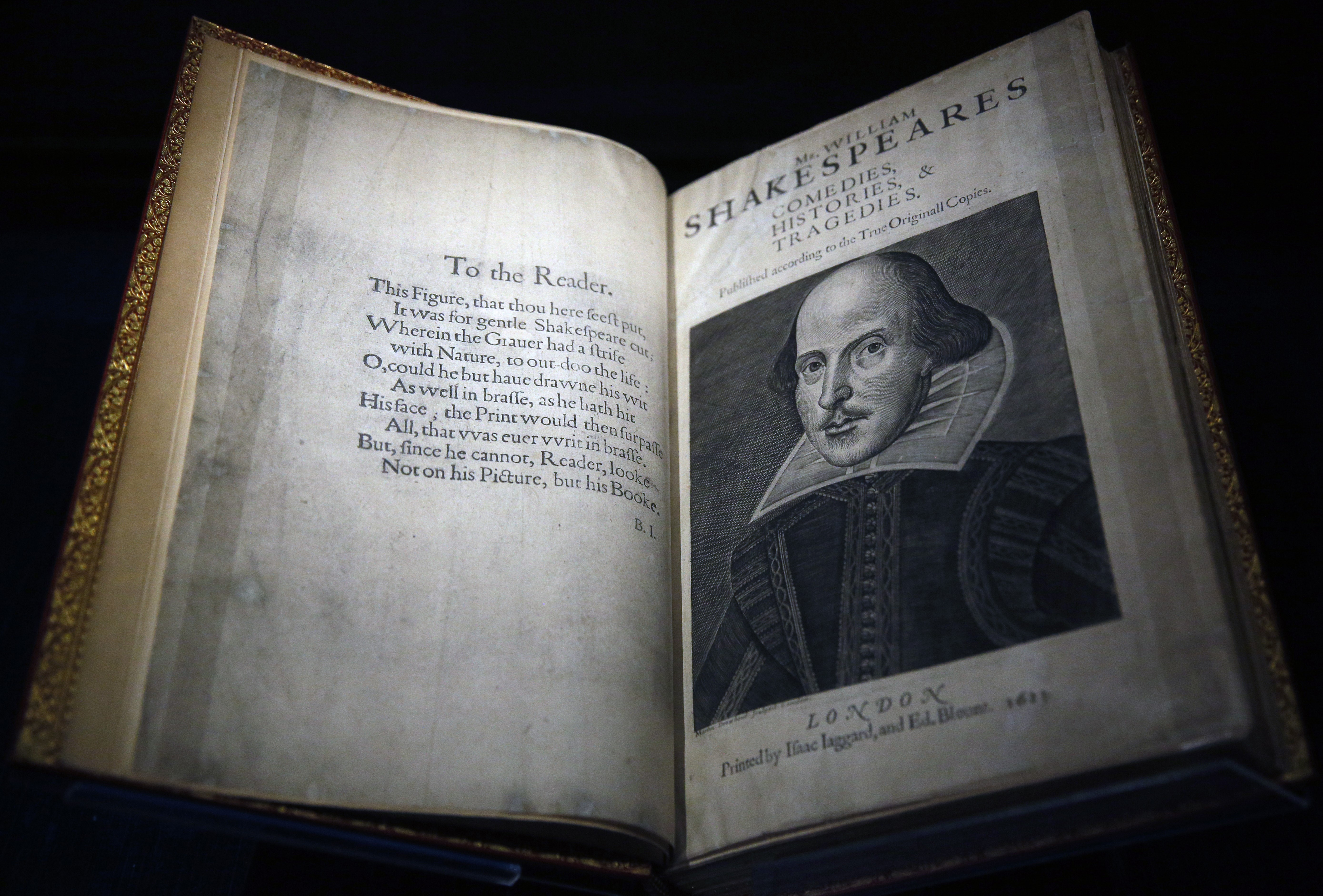 LONDON, UNITED KINGDOM - APRIL 14: An original example of Shakespeare&amp;amp;apos;s First Folio from 1623 is seen at the Shakespeare in Ten Acts exhibition at the British Library in London, United Kingdom on April 14, 2016. (Photo by Neil Hall/Anadolu Agency/Getty Images)