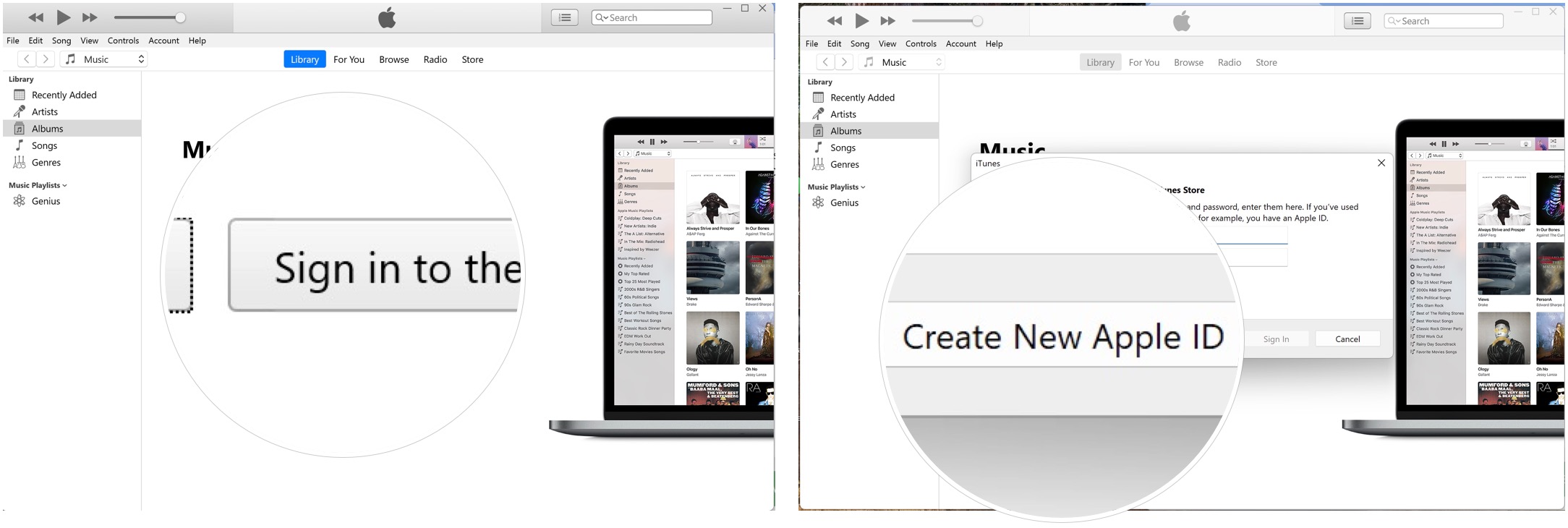 Um eine Apple ID unter Windows zu erstellen, öffnen Sie iTunes und stimmen Sie den präsentierten Bedingungen zu.  Klicken Sie auf Beim iTunes Store anmelden.  Wählen Sie „Neue Apple-ID erstellen“.