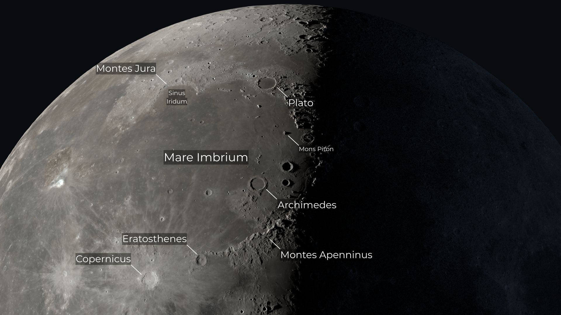 The upper part of the lunar disc is depicted in its third quarter phase with the left half illuminated and the right half in shadow.