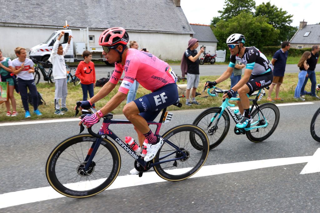 MRDEBRETAGNE GUERLDAN FRANCE JUNE 27 Rigoberto Urn of Colombia and Team EF Education Nippo Luka Mezgec of Slovenia and Team BikeExchange during the 108th Tour de France 2021 Stage 2 a 1835km stage from PerrosGuirec to MrdeBretagne Guerldan 293m LeTour TDF2021 on June 27 2021 in MrdeBretagne Guerldan France Photo by Tim de WaeleGetty Images