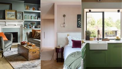 teal living room, pale pink bedroom, green kitchen cabinets