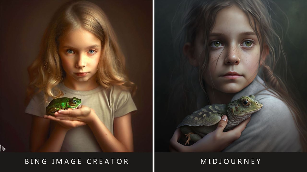 Bing Image Creator vs Midjourney: Girl holding a frog prompt.