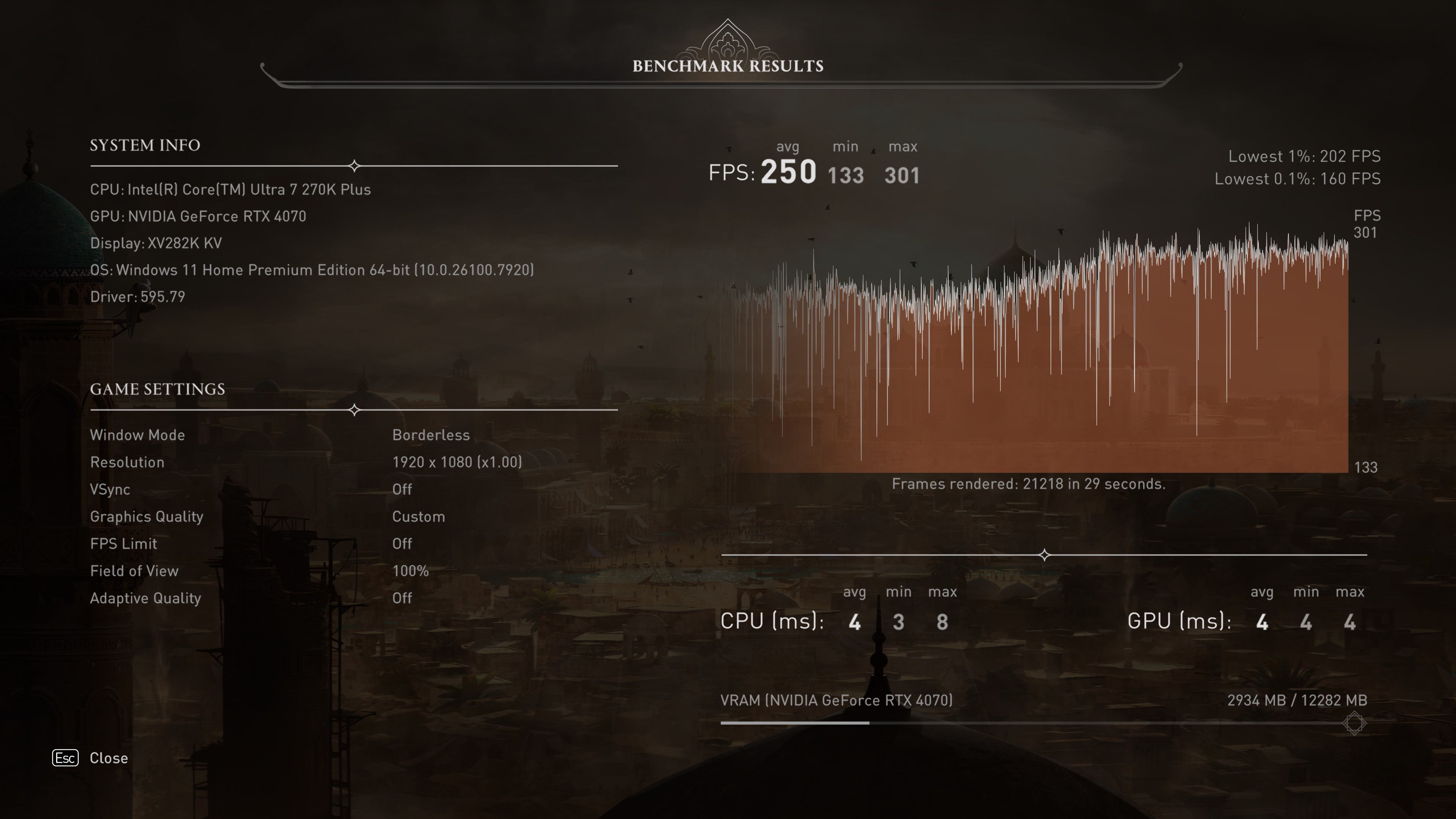 A screenshot of the built-in benchmark results from Assassin's Creed Mirage, showing the impact of using Intel APO and BOT at 1080p Low, with DLSS Ultra Performance