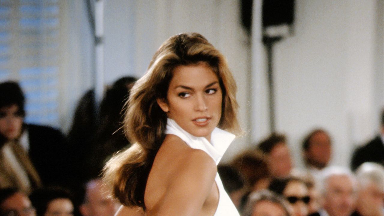 Cindy Crawford models Ralph Lauren during New York Fashion Week 1991 in New York