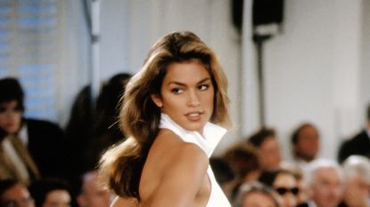 Cindy Crawford models Ralph Lauren during New York Fashion Week 1991 in New York