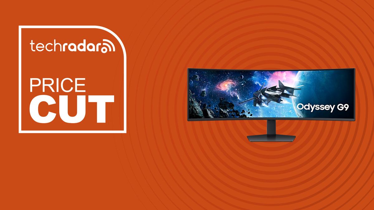 49-inch Samsung Odyssey curved gaming monitor on orange background with price cut sign