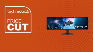 49-inch Samsung Odyssey curved gaming monitor on orange background with price cut sign