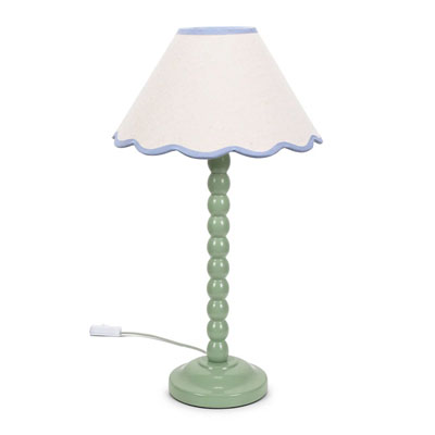 green ceramic bobble design table lamp with blue and white scalloped shade