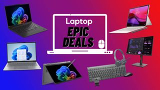 Lenovo ThinkPad X1 Carbon Gen 13 Aura Edition, Lenovo ThinkBook 14 Gen 8, Lenovo Yoga 7i 2-in-1, Lenovo Yoga Tab Plus, Lenovo WFH Bundle, Lenovo Monitor against red, purple, and blue gradient background.