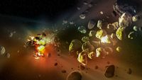 an explosion in space sends a rocky asteroid breaking apart into smaller chunks of rock