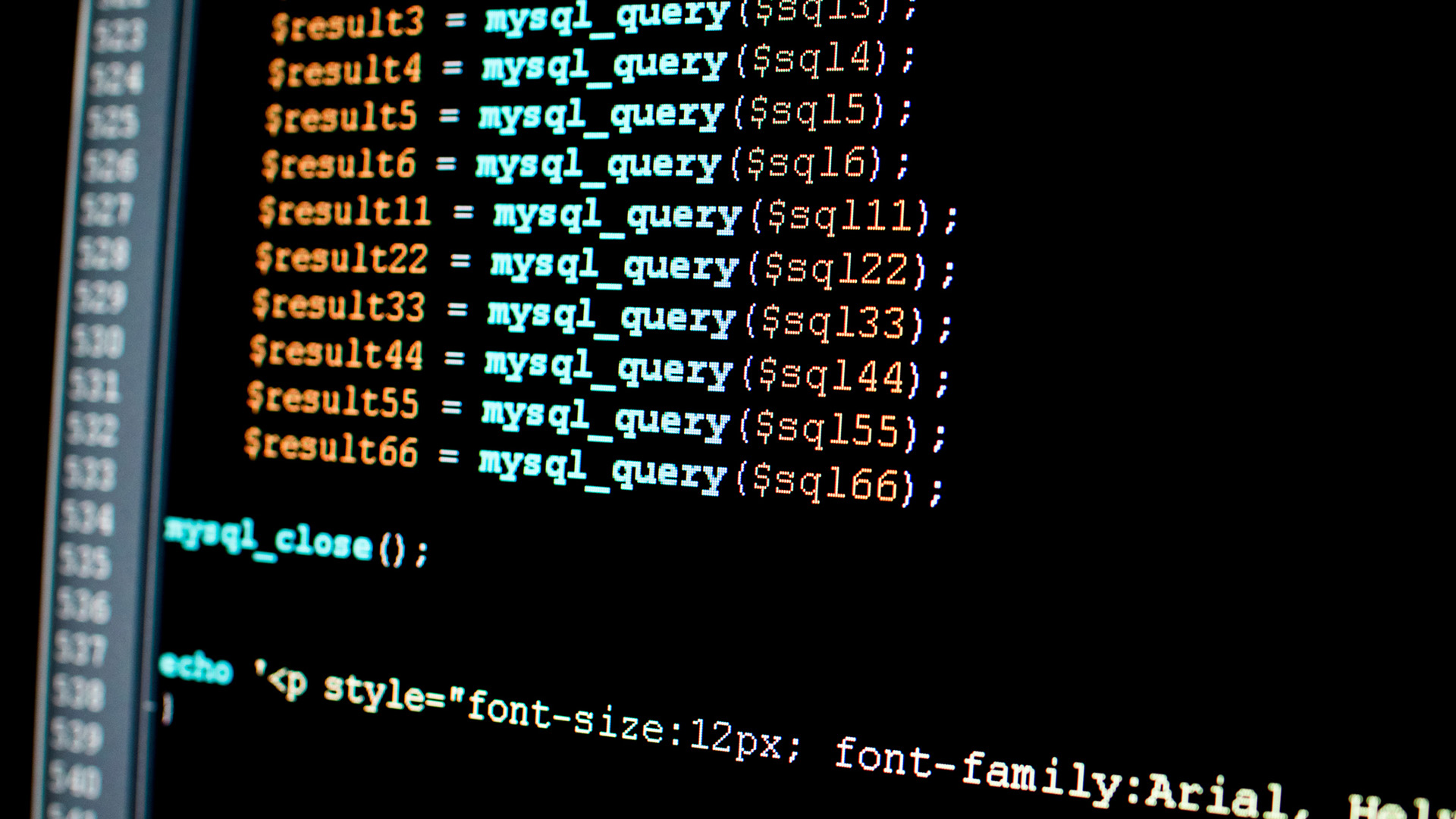 A close-up shot of SQL code representing a SQL injection attack.