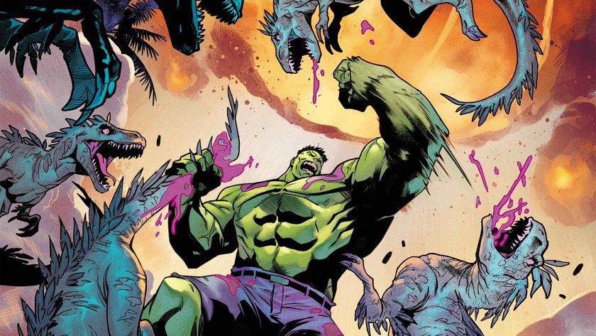 Hulk being swarmed by dinosaurs