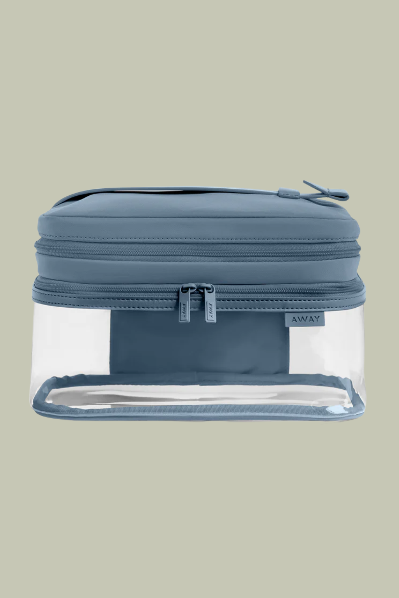 A clear cosmetic case with blue lining