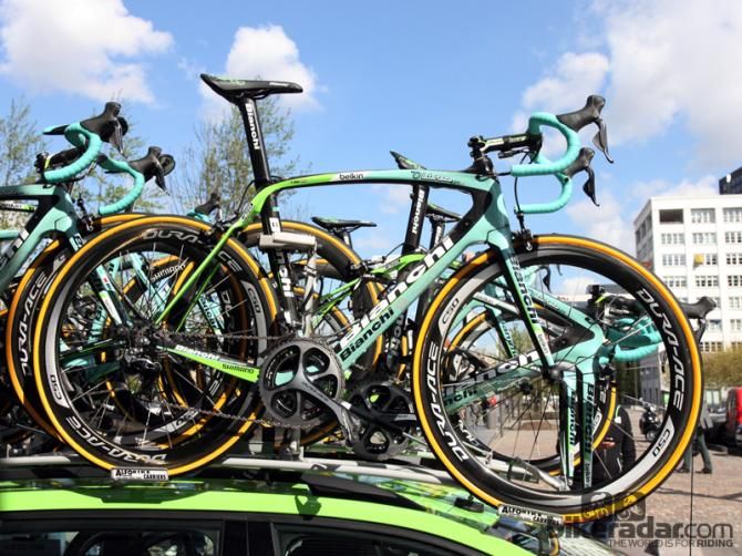 One of Theo Bos's (Belkin) spare Bianchi Oltre XRs before the start of Scheldeprijs